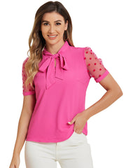 Bow Tie V Neck Stand Collar Short Mesh Sleeve Blouse