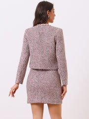 2PCS Plaid Tweed Open Front Cropped Blazer Jacket and Pencil Skirt Sets