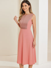 Striped Crew Neck Sleeveless A-Line Midi Work Office Dress
