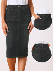 Casual Denim High Waist Stretchy Midi Pencil Jean Skirt
