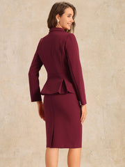 2 Piece Long Sleeve Notched Lapel Peplum Blazer Pencil Skirt Suit Set