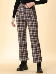 Plaid Cropped Trousers Button Casual Tartan Check Work Pants