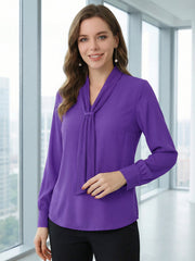 Long Sleeve Chiffon Pleated Tie Neck Office Blouse