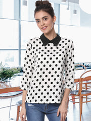 Polka Dots Contrast Peter Pan Collar Top 3/4 Sleeve Blouse Shirt