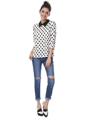 Polka Dots Contrast Peter Pan Collar Top 3/4 Sleeve Blouse Shirt