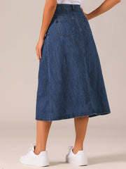 Casual High Waisted Flap Pocket A-Line Long Denim Jean Skirt