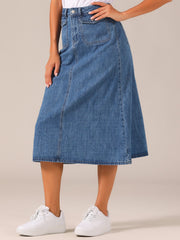 Casual High Waisted Flap Pocket A-Line Long Denim Jean Skirt