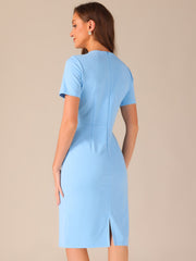 Short Sleeve Button Decor Bodycon Sheath Work Midi Dress