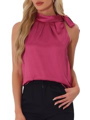 Elegant Satin Sleeveless Tie Knot Mock Neck Solid Work Blouse Top