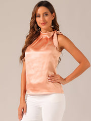 Elegant Satin Sleeveless Tie Knot Mock Neck Solid Work Blouse Top