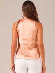 Elegant Satin Sleeveless Tie Knot Mock Neck Solid Work Blouse Top