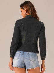Casual Denim Classic Stand Collar Long Sleeve Jean Jacket