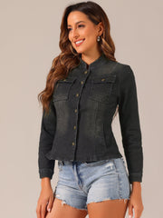 Casual Denim Classic Stand Collar Long Sleeve Jean Jacket