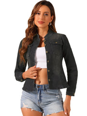 Casual Denim Classic Stand Collar Long Sleeve Jean Jacket