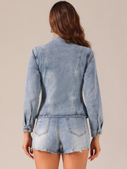Casual Denim Classic Stand Collar Long Sleeve Jean Jacket