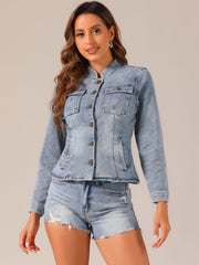 Casual Denim Classic Stand Collar Long Sleeve Jean Jacket