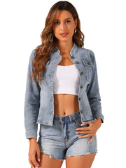 Casual Denim Classic Stand Collar Long Sleeve Jean Jacket