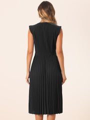 Sleeveless Dress Casual V Neck Button Pleated Midi Dress