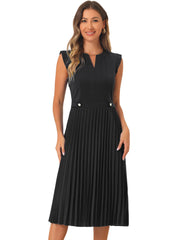 Sleeveless Dress Casual V Neck Button Pleated Midi Dress