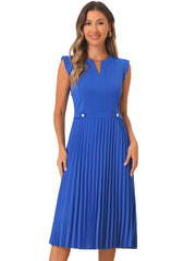 Sleeveless Dress Casual V Neck Button Pleated Midi Dress