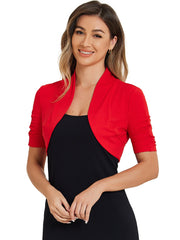 Short Ruched Sleeve Open Front Knit Cropped Bolero Shrugs