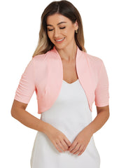 Short Ruched Sleeve Open Front Knit Cropped Bolero Shrugs