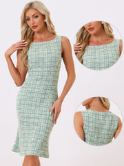 Tweed Sleeveless Elegant Plaid Midi Fishtail Dress