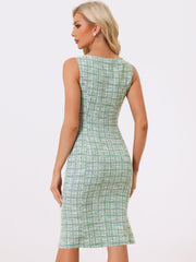Tweed Sleeveless Elegant Plaid Midi Fishtail Dress
