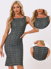 Tweed Sleeveless Elegant Plaid Midi Fishtail Dress