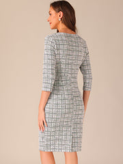 Elegant Square Neck 3/4 Sleeve Plaid Tweed Sheath Dress