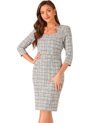 Elegant Square Neck 3/4 Sleeve Plaid Tweed Sheath Dress