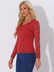 Floral Embroidery Sheer Long Sleeve Lace Blouse Top