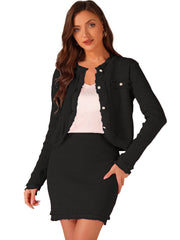 2 Pieces Stretch Textured Knit Cropped Jacket and Mini Skirt Suit Sets