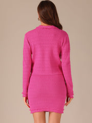 2 Pieces Stretch Textured Knit Cropped Jacket and Mini Skirt Suit Sets