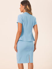 2 Piece Short Sleeve Notched Lapel Blazer Jacket & Pencil Midi Skirt Suit Set