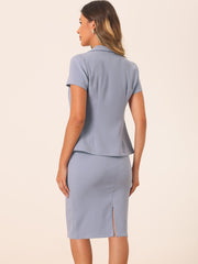 2 Piece Short Sleeve Notched Lapel Blazer & Pencil Midi Skirt Suit Set