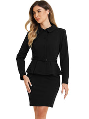 2pc Business Suits Belted Peplum Blazer Jacket and Pencil Skirt Sets