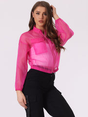 Sheer Zip Up Long Sleeve See Through Bomber Jacket