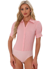 Button Down Leotard Shirt Short Sleeve Collared Business Work Bodysuit