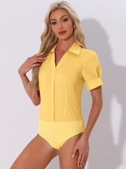 Button Down Leotard Shirt Short Sleeve Collared Business Work Bodysuit