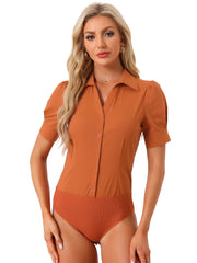 Button Down Leotard Shirt Short Sleeve Collared Business Work Bodysuit