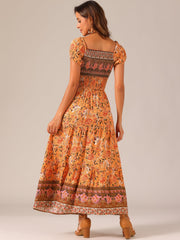 Boho Floral Off Shoulder Puff Sleeves Maxi Smocked Dress