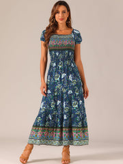 Boho Floral Off Shoulder Puff Sleeves Maxi Smocked Dress