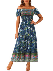 Boho Floral Off Shoulder Puff Sleeves Maxi Smocked Dress