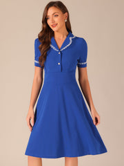 Work Lace Notched Collar Vintage 1950s Short Sleeve Midi Shirt Dress