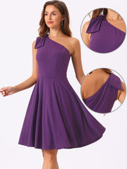 Bow One Shoulder Sleeveless Pockets A-Line Midi Dress