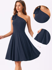 Bow One Shoulder Sleeveless Pockets A-Line Midi Dress