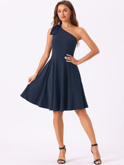 Bow One Shoulder Sleeveless Pockets A-Line Midi Dress