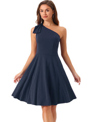 Bow One Shoulder Sleeveless Pockets A-Line Midi Dress