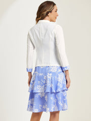 Work flower Print Contrast Panel 2pc Sets Chiffon V Neck Jacket Dress